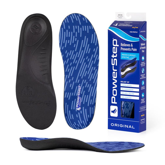 Bottom view of shoe inserts for Original Low Profile Orthotic Shoe Insoles with black EVA base, top view of shoe insoles with blue polyester top fabric, image of Original Arch Support Insoles packaging, profile view of Original Orthotic Insoles with semi-rigid neutral arch support, standard arch support for pronation
