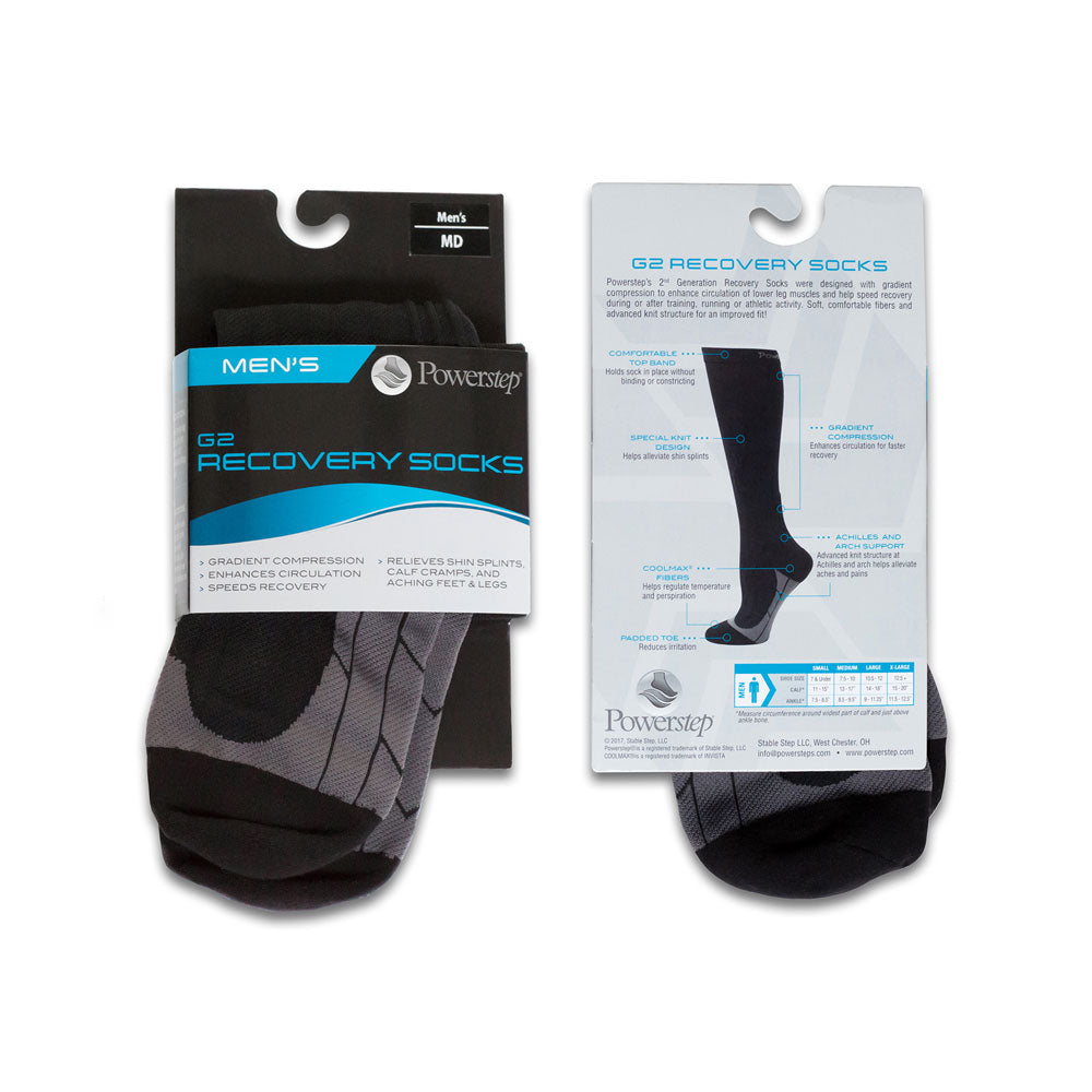 2nd Generation Recovery Socks for Men packaging, gradient compression, enhances circulation, speeds recovery, relieves shin splints, calf cramps, and aching feet and legs, soft, comfortable fibers and advanced knit structure