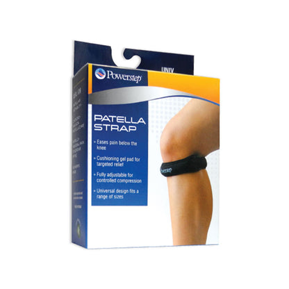 PowerStep Patella Strap packaging, eases pain below the knee, cushioning gel pad for targeted relief, fully adjustable for controlled compression, universal design fits a range of sizes