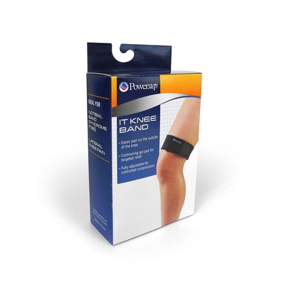 PowerStep IT Knee Band packaging, eases pain on the outside of the knee, cushioning gel pad for targeted relief, fully adjustable for controlled compression