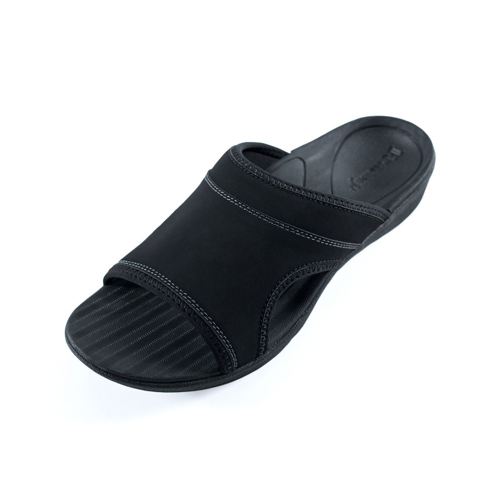 PowerStep Orthotic Arch Supporting Slide Sandals for Men, slide sandals that help with pronation, arch supporting footwear, polyurethane nubuck strap with jersey lining, black slide sandals for men, cushioned midsole absorbs shock orthopedic shoes for men