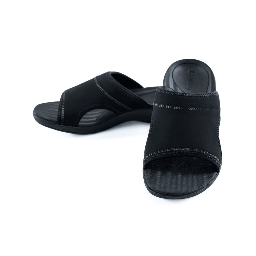 PowerStep Orthotic Arch Supporting Slide Sandals for Men, black slide sandals for men, polyurethane nuback and jersey lining on strap, medium density EVA footbed, high density EVA midsole, textured rubber outsole and tread