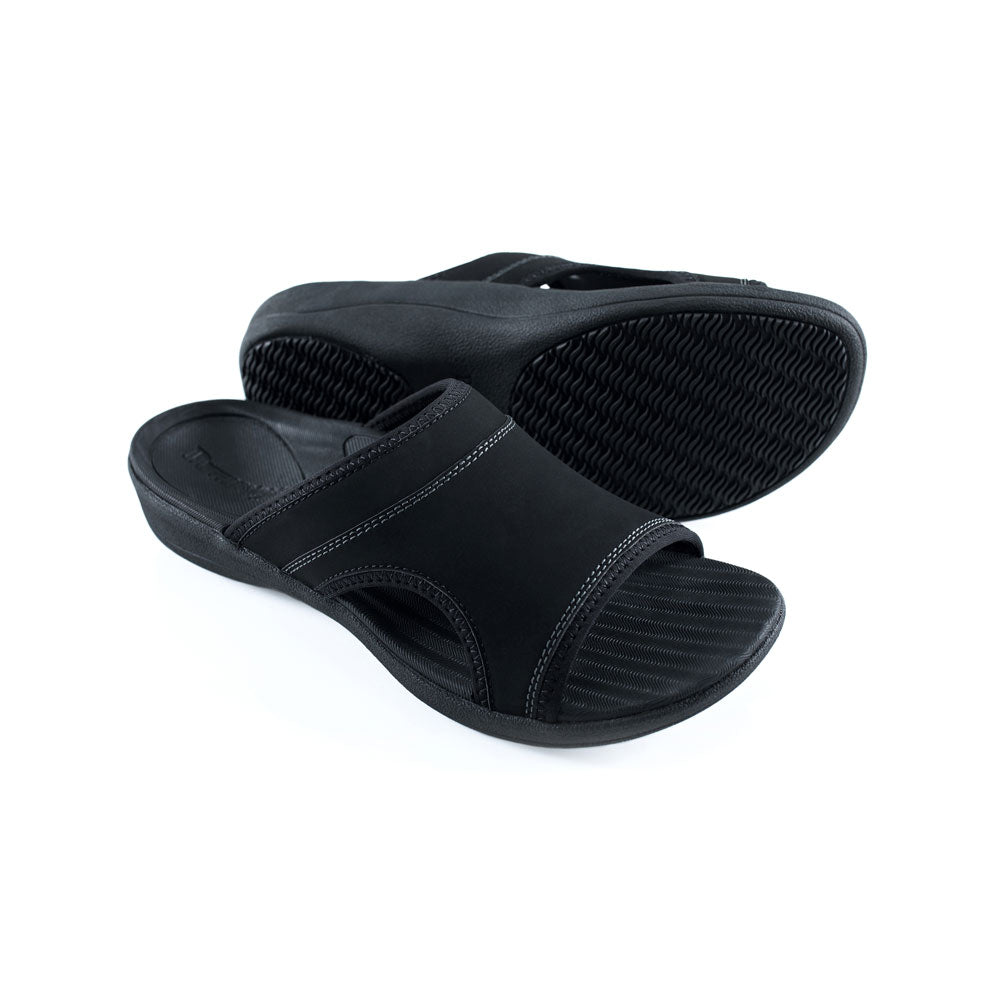 PowerStep Orthotic Arch Supporting Slide Sandals for Men, image of tread on bottom of slide sandal, black slide sandals with arch support for men, slide sandals for pronation