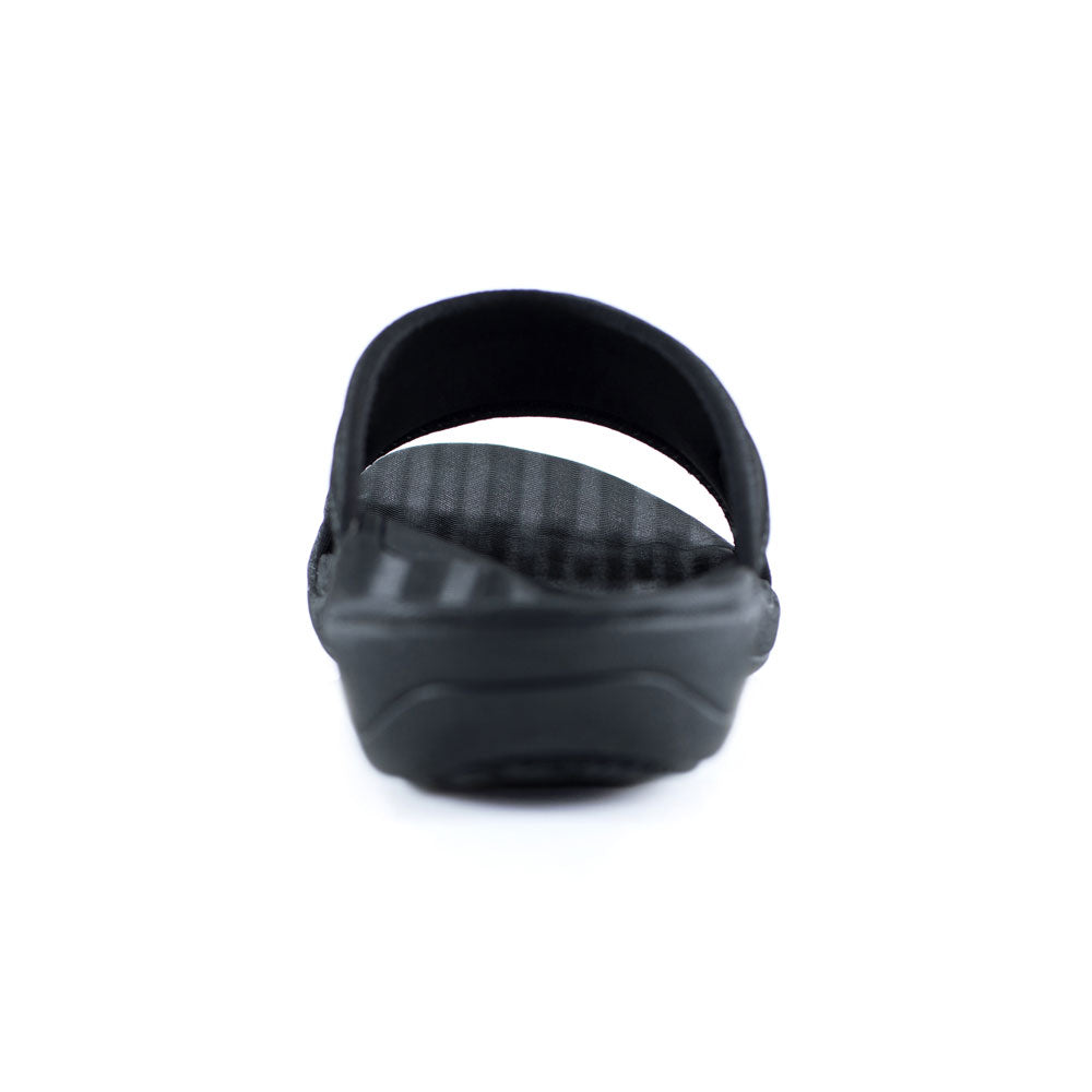 PowerStep Orthotic Arch Supporting Slide Sandals for Men, view of orthotic slide sandal for men from heel to toe, arch supporting slide sandals, flip flops, black