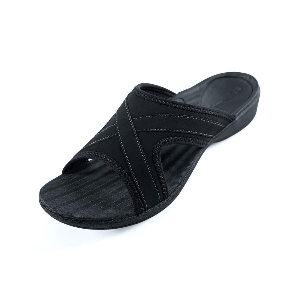 PowerStep Orthotic Arch Supporting Slide Sandals for Women, slide sandals that help with pronation, arch supporting footwear, polyurethane nubuck strap with jersey lining, black slide sandals for women, cushioned midsole absorbs shock