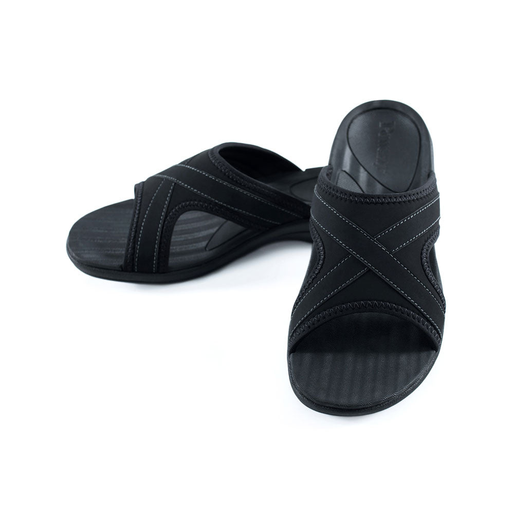 PowerStep Orthotic Arch Supporting Slide Sandals for Women, black slide sandals for women, polyurethane nuback and jersey lining on strap, medium density EVA footbed, high density EVA midsole, textured rubber outsole and tread