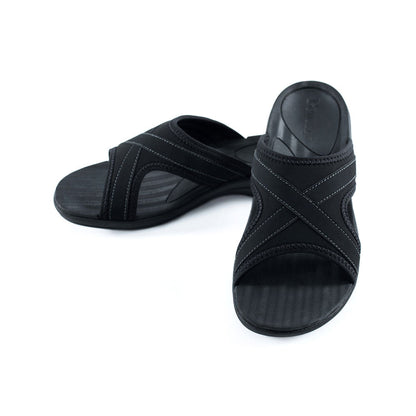 PowerStep Orthotic Arch Supporting Slide Sandals for Women, black slide sandals for women, polyurethane nuback and jersey lining on strap, medium density EVA footbed, high density EVA midsole, textured rubber outsole and tread