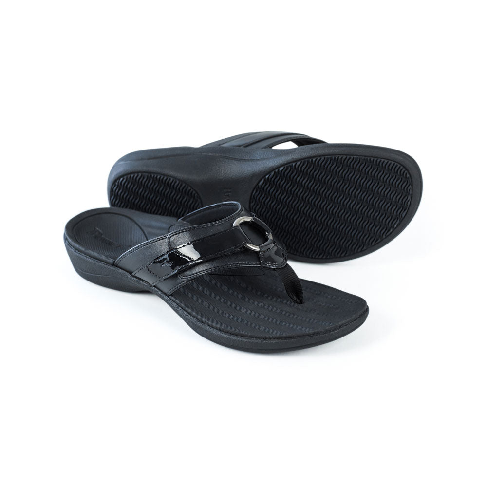 PowerStep Orthotic Arch Supporting fashion sandals for Women, black fashion sandals for women, Synthetic leather strap, Synthetic patent leather strap accent, Hook and loop closure, Round metal ring, Jersey lining, nylon webbing toe post, medium density EVA footbed, high density EVA midsole, textured rubber outsole and tread