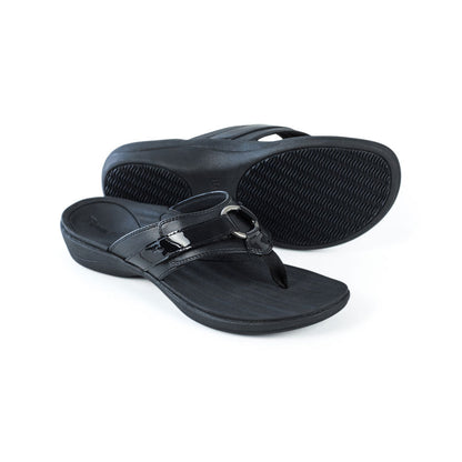PowerStep Orthotic Arch Supporting fashion sandals for Women, black fashion sandals for women, Synthetic leather strap, Synthetic patent leather strap accent, Hook and loop closure, Round metal ring, Jersey lining, nylon webbing toe post, medium density EVA footbed, high density EVA midsole, textured rubber outsole and tread