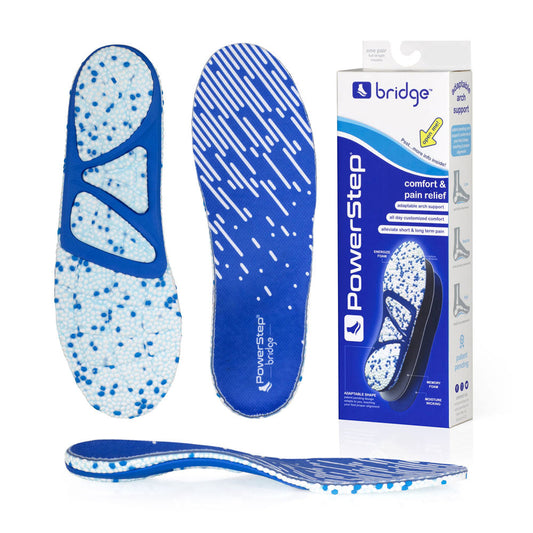 PowerStep Bridge Arch Supporting insoles for plantar fasciitis, textured bottom view of insole with adaptable arch support shell, top view of insole with polyester fabric, profile view of adaptable arch shape, Bridge packaging, cushioning insoles for men, cushioning insoles for women, comfort insoles for shoes, unisex shoe inserts, inserts for shoes with blue polyester top fabric, shoe inserts for comfort and pain relief, treat overpronation, treat supination, memory foam shoe insoles