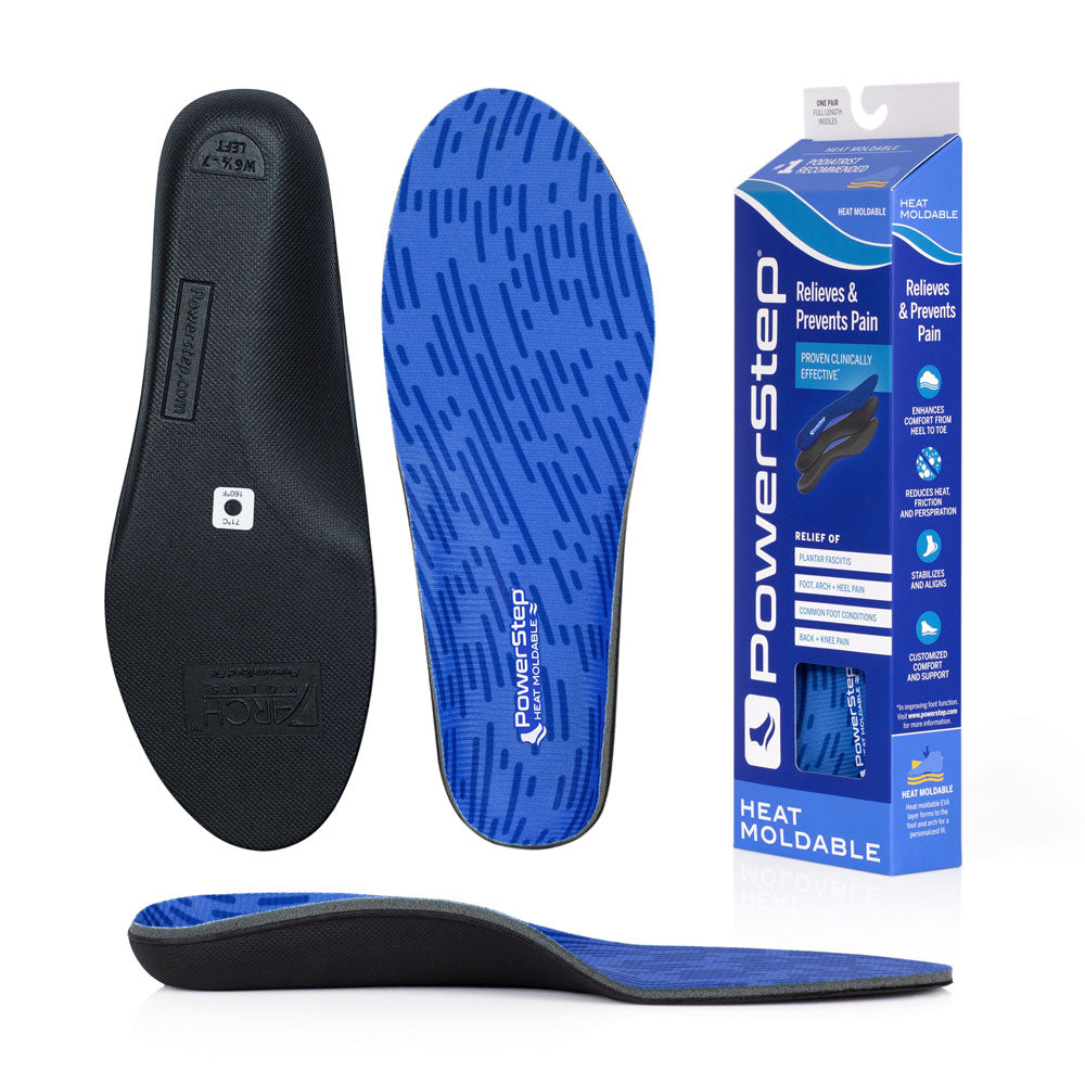 Bottom view of PowerStep Custom Heat Moldable Insoles featuring heat moldable EVA, top view of insoles with blue polyester top fabric to reduce friction, perspiration, and heat, packaging for Heat Moldable insoles, profile view of custom moldable insoles for arch support, arch support molds to shape of foot for customized support, affordable custom orthotics, insoles for supination, insoles for overpronation, insoles for flat feet, insoles for high arches, shoe inserts for men, shoe inserts for women