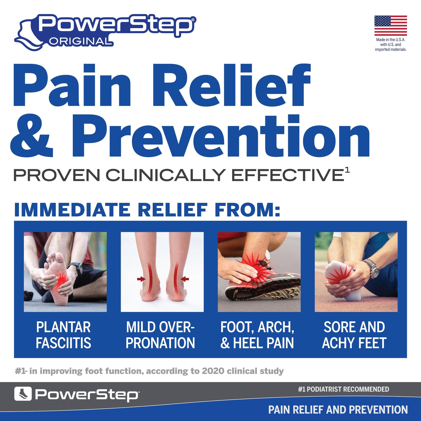 PowerStep Original Orthotic Shoe Insoles, Made in the USA with US and imported materials, pain relief and prevention, proven clinically effective for immediate relief from plantar fasciitis, mild overpronation, foot, arch, and heel pain, sore, achy feet, number one in improving foot function according to 2020 clinical study, number one podiatrist recommended shoe orthotic for arch support