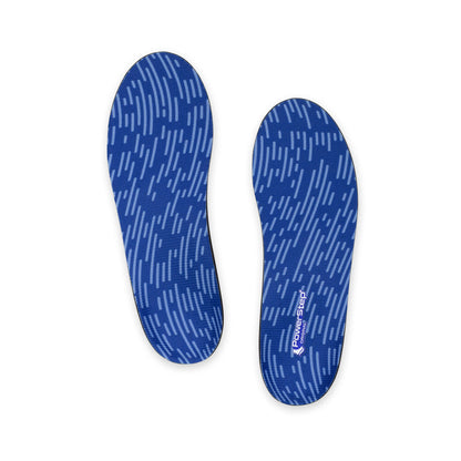 Top view of Original Shoe insoles with blue polyester top fabric, these shoes inserts help relieve and prevent pain from conditions caused by foot malalignment, relief from pronation, relief from plantar fasciitis pain, walking shoe insoles, men's shoes, women's shoes, thin shoe inserts, thin orthotic insoles, plantar fasciitis orthotics