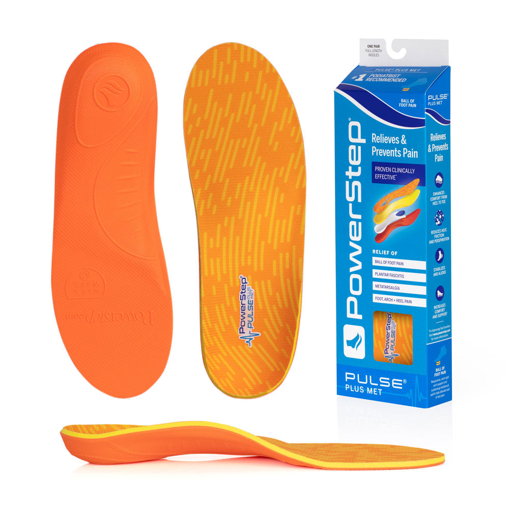 Bottom view of shoe inserts for PULSE Plus Met Neutral Arch Support Orthotic Shoe Insoles with orange EVA base, top view of shoe insoles with orange and yellow polyester top fabric, image of PULSE Plus Met Neutral Arch Support Insoles packaging, profile view of PULSE Plus Met Neutral Arch Support Orthotic Insoles with semi-rigid neutral arch support, relief of ball of foot pain, Morton’s neuroma, and metatarsalgia, plantar fasciitis, pronation, foot, arch and heel pain, sore aching feet