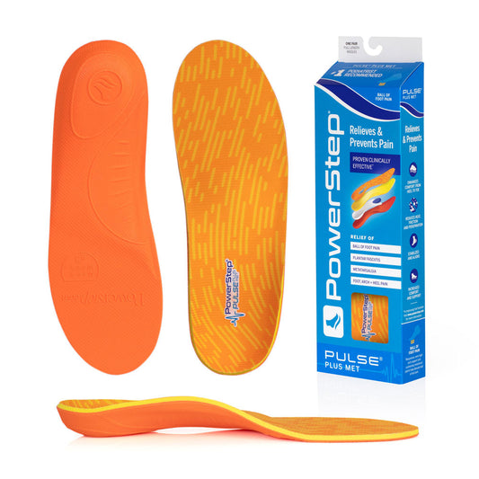 Bottom view of shoe inserts for PULSE Plus Met Neutral Arch Support Orthotic Shoe Insoles with orange EVA base, top view of shoe insoles with orange and yellow polyester top fabric, image of PULSE Plus Met Neutral Arch Support Insoles packaging, profile view of PULSE Plus Met Neutral Arch Support Orthotic Insoles with semi-rigid neutral arch support, relief of ball of foot pain, Morton’s neuroma, and metatarsalgia, plantar fasciitis, pronation, foot, arch and heel pain, sore aching feet