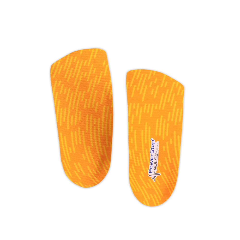Top view of PULSE Thin Neutral Arch Support Running Shoe insoles with orange and yellow top fabric, plantar fasciitis orthotics, running shoe insoles for tight fitting shoes, relief from pronation, relief from plantar fasciitis pain, relief from mild overpronation, men's shoes, women's shoes, these running 3/4 shoe inserts help relieve and prevent pain from conditions caused by foot malalignment, orthotic shoe inserts, arch supporting orthotic insoles, ultra-thin arch support insoles