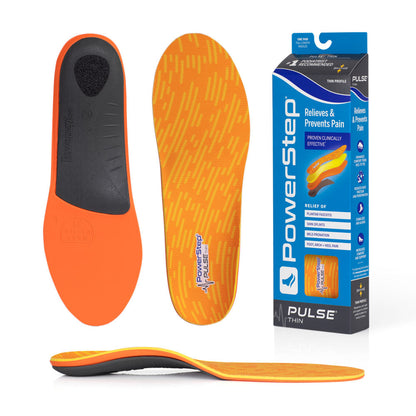 Bottom view of shoe inserts for PULSE Thin Neutral Arch Support Orthotic Running Shoe Insoles with gray exposed shell and non slip pad to keep shoe insole in place, top view of orthotic shoe insoles with orange and yellow top fabric, image of PULSE Thin Neutral Arch Support Insoles packaging, profile view of PULSE Thin Neutral Arch Support Orthotic Insoles with semi-rigid neutral arch support for pronation, designed for tighter running shoes, ultra-thin orthotic shoe inserts