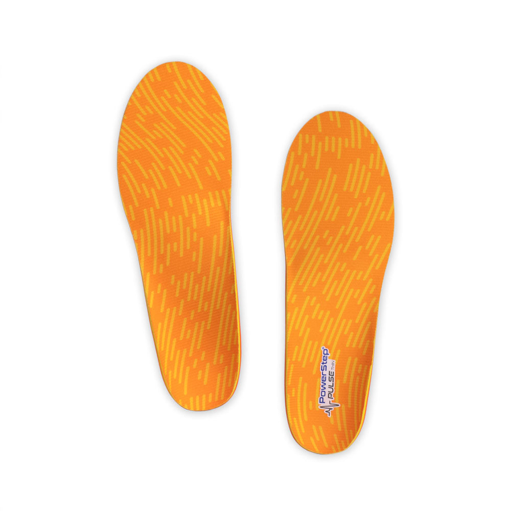 Top view of PULSE Thin Neutral Arch Support Running Shoe insoles with orange and yellow top fabric, plantar fasciitis orthotics, running shoe insoles for tight fitting shoes, relief from pronation, relief from plantar fasciitis pain, relief from mild overpronation, men's shoes, women's shoes, these running shoe inserts help relieve and prevent pain from conditions caused by foot malalignment, orthotic shoe inserts, arch supporting orthotic insoles, ultra-thin arch support insoles