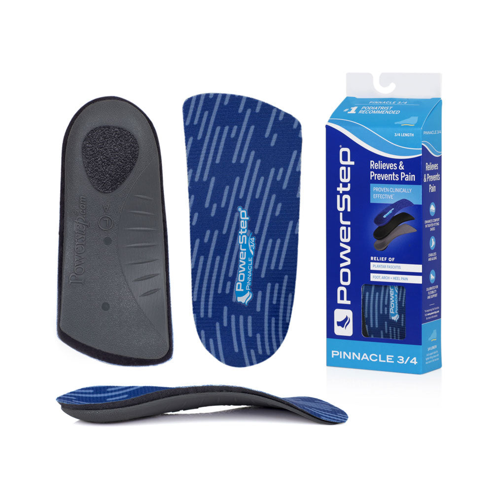 Bottom view of shoe inserts for Pinnacle 3/4 Neutral Arch Support Orthotic Shoe Insoles with gray exposed shell and non slip pad to keep shoe insole in place, top view of orthotic 3/4 shoe insoles with blue polyester top fabric, image of Pinnacle 3/4 Neutral Arch Support Insoles packaging, profile view of Pinnacle Neutral Arch Support 3/4 Orthotic Insoles with semi-rigid neutral arch support for pronation, designed for tighter shoes