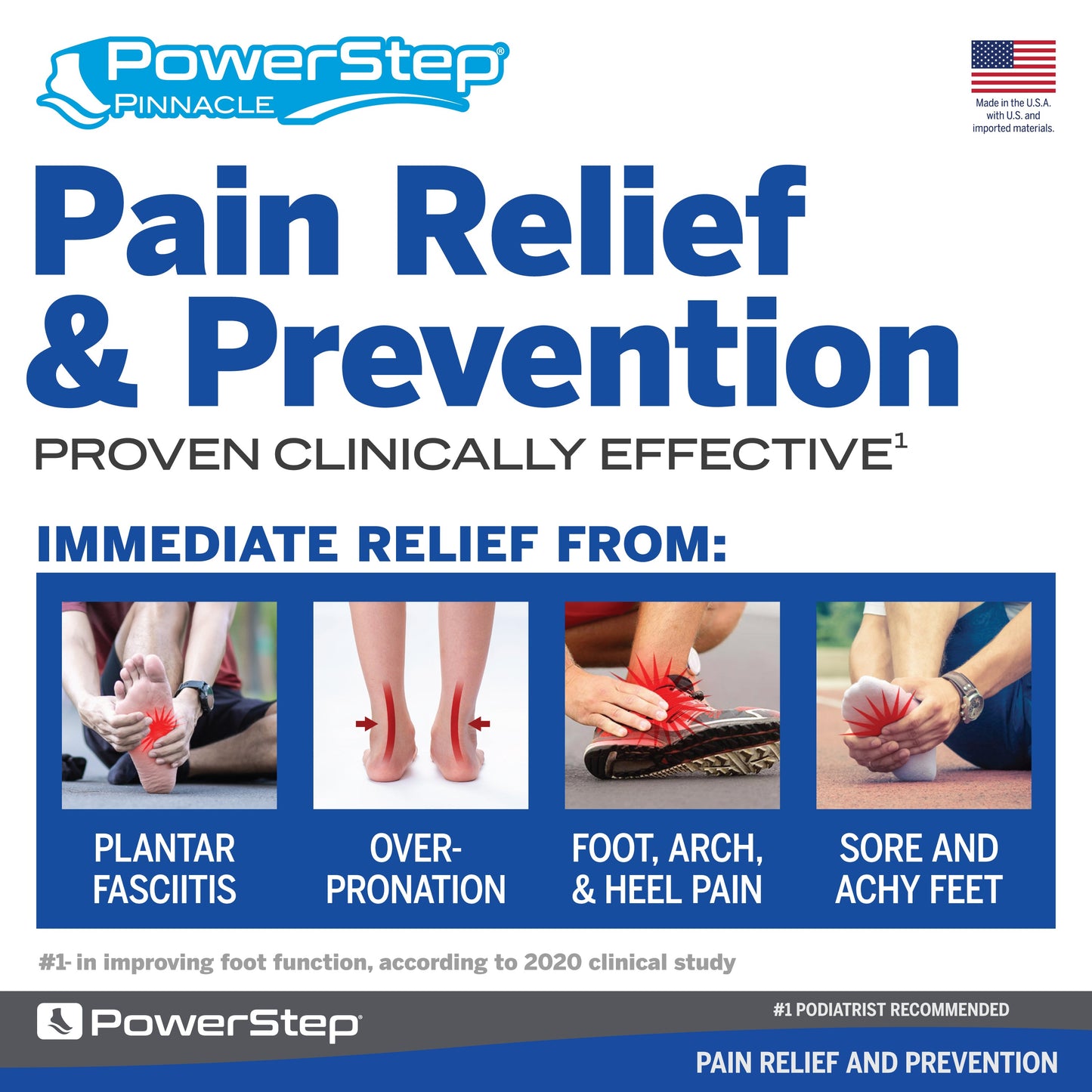 PowerStep Pinnacle Orthotic Shoe Insoles, Made in the USA with US and imported materials, pain relief and prevention, proven clinically effective for immediate relief from plantar fasciitis, overpronation, foot, arch, and heel pain, sore, achy feet, number one in improving foot function according to 2020 clinical study, number one podiatrist recommended shoe orthotic for arch support, women’s shoe inserts, men’s orthotic shoe insoles, unisex orthotic arch support insoles