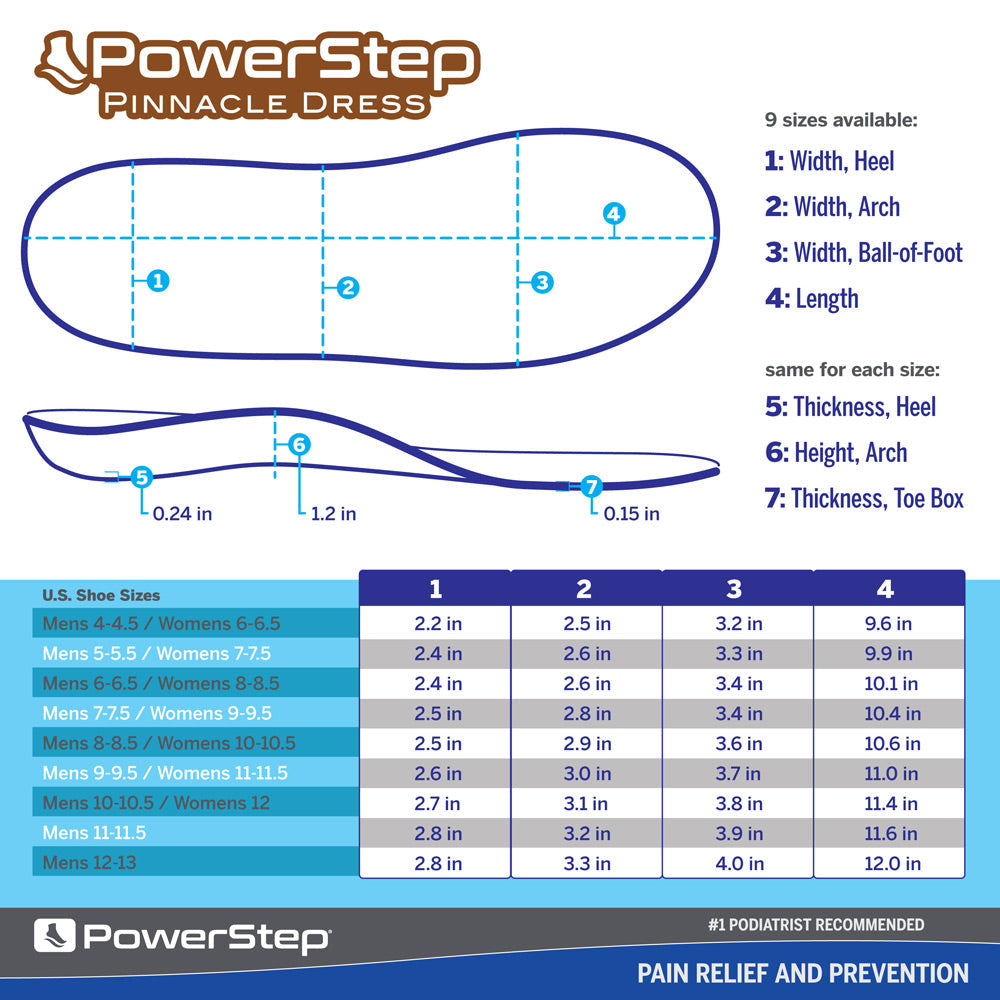 PowerStep Pinnacle Dress Full Length insole dimensions