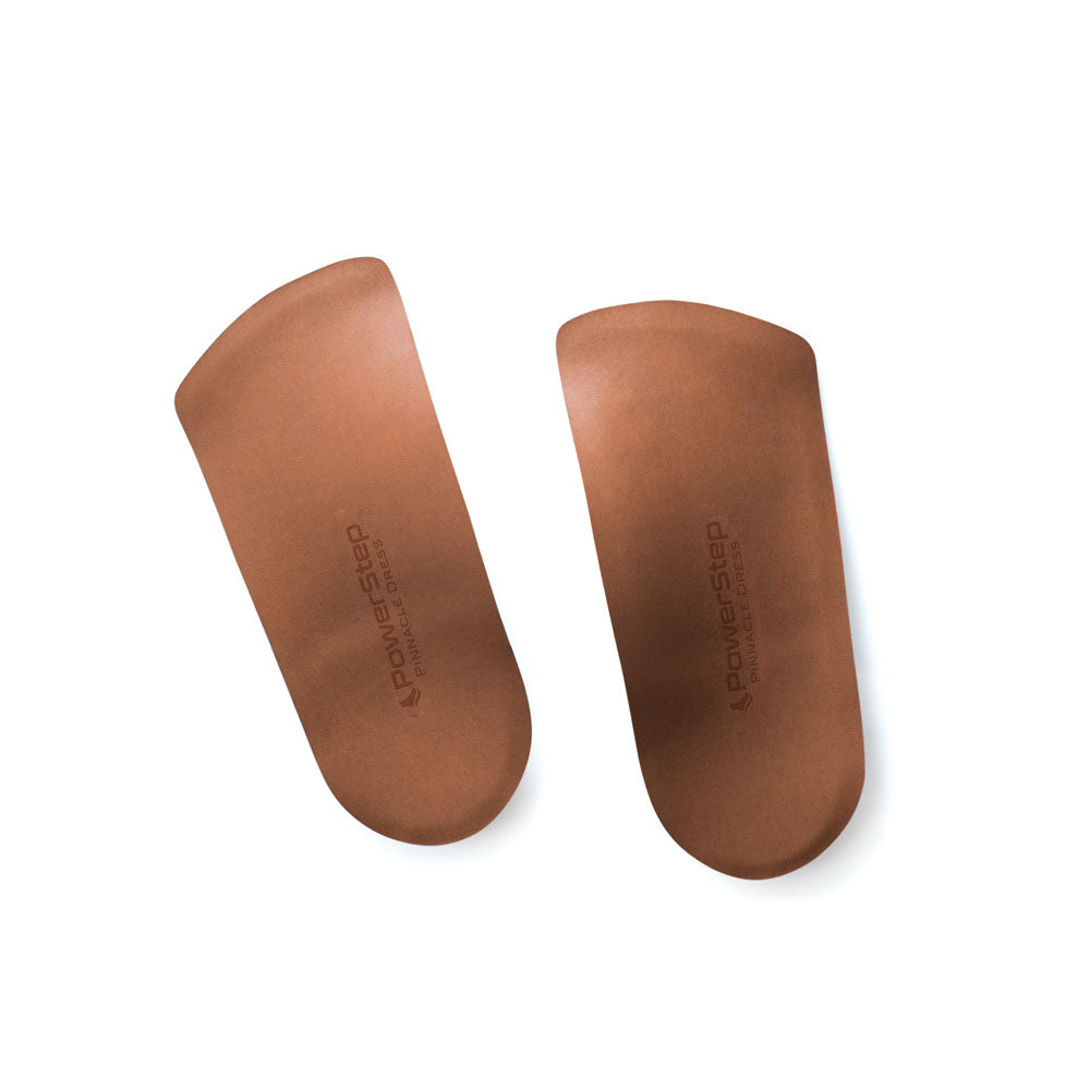 Top view of Pinnacle Dress 3/4 Neutral Arch Support Shoe insoles with tan nylon top cover, plantar fasciitis 3/4 orthotics, walking shoe insoles for tight fitting shoes, relief from pronation, relief from plantar fasciitis pain, relief from mild overpronation, men's shoes, women's shoes, these shoes inserts help relieve and prevent pain from conditions caused by foot malalignment, 3/4 orthotic shoe inserts, arch supporting orthotic insoles