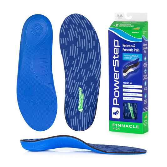 Bottom view of shoe inserts for Pinnacle High Arch Support Orthotic Shoe Insoles with blue EVA base, top view of shoe insoles with blue polyester top fabric, image of Pinnacle High Arch Support Insoles packaging, profile view of Pinnacle High Arch Support Orthotic Insoles with semi-rigid High arch support, relief of plantar fasciitis, supination, foot, arch and heel pain, sore aching feet, standard arch support for under-pronation, high arch support, high arch support insoles for women