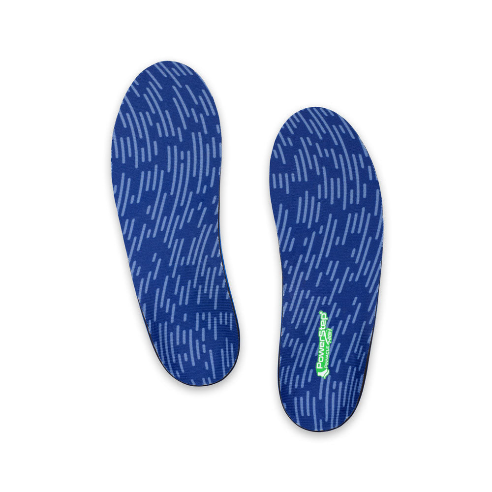 Top view of Pinnacle High Arch Support Shoe insoles with blue polyester top fabric, walking shoe insoles, men's shoes, women's shoes, these shoes inserts help relieve and prevent pain from conditions caused by foot malalignment, relief from supination, relief from plantar fasciitis pain, relief from under-pronation, orthotic shoe inserts, arch supporting orthotic insoles, plantar fasciitis orthotics, high arch support
