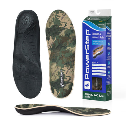 Bottom view of shoe inserts for Pinnacle Hiker Neutral Arch Support Orthotic Shoe Insoles with black EVA base, top view of shoe insoles with green camouflage polyester top fabric, image of Pinnacle Hiker Neutral Arch Support Insoles packaging, profile view of Pinnacle Hiker Neutral Arch Support Orthotic Insoles with firmer neutral arch support, relief of plantar fasciitis, pronation, foot, arch and heel pain, sore aching feet, standard arch support for pronation, Insoles for men work boots