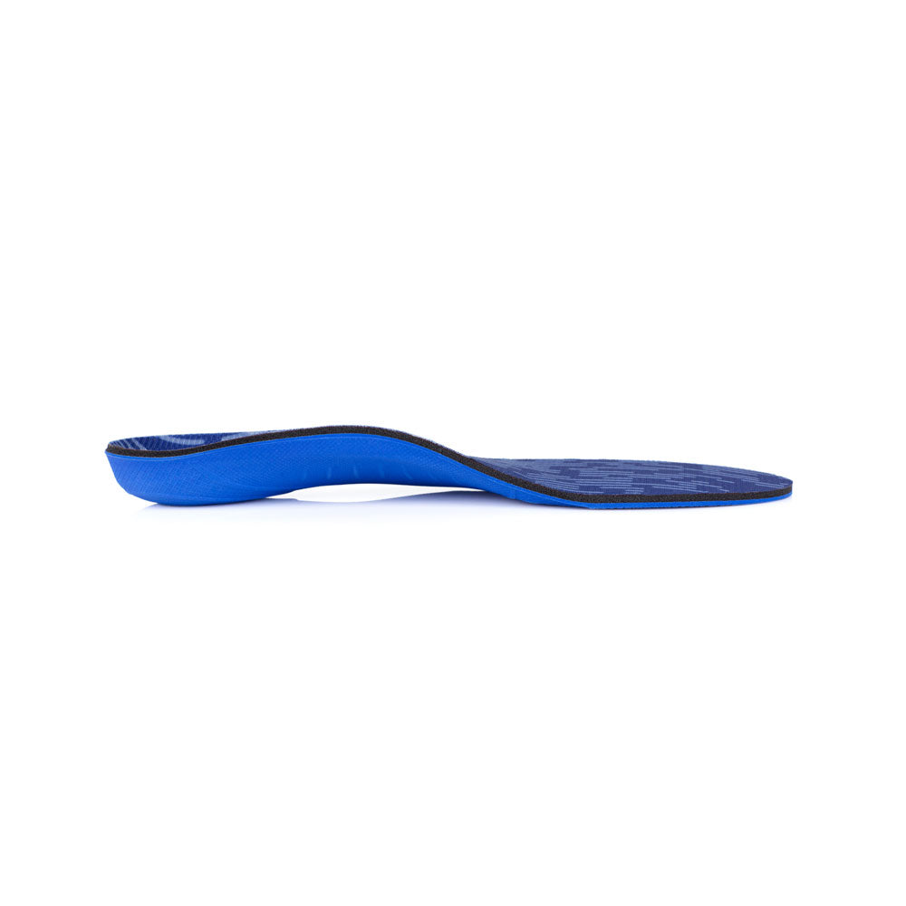 Profile view of Pinnacle Low arch supporting shoe insoles with semi-rigid arch support for overpronation, arch support for plantar fasciitis, designed for walking and running shoes, shoe inserts to help relieve pain from plantar fasciitis, orthotic shoe insoles with low arch support, insoles for people with flat feet