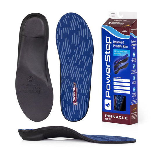 Bottom view of shoe inserts for Pinnacle Maxx Support Arch Support Orthotic Shoe Insoles with black EVA base, top view of shoe insoles with blue polyester top fabric, image of Pinnacle Maxx Arch Support Insoles packaging, profile view of Pinnacle Maxx Arch Support Orthotic Insoles with firm neutral arch support for flat feet features posted heel, relief of plantar fasciitis, overpronation, foot, arch and heel pain, sore aching feet, standard arch support for overpronation, insoles for flat feet