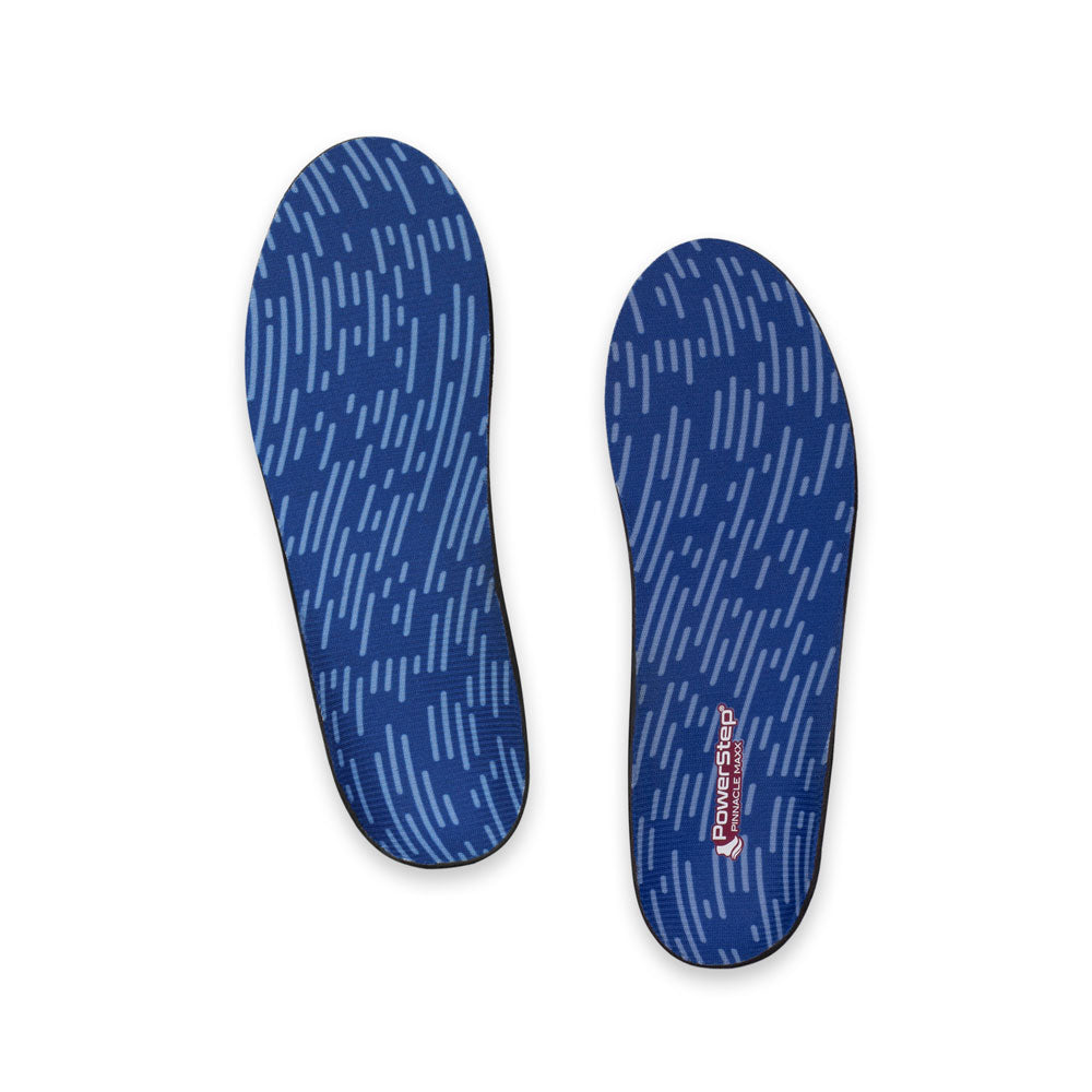 Top view of Pinnacle Maxx Support Arch Support Shoe insoles with blue polyester top fabric, flat foot shoe insoles, womens shoes, mens shoes, these shoes inserts help relieve and prevent pain from conditions caused by foot malalignment, relief from overpronation, relief from plantar fasciitis pain, flat feet relief, orthotic shoe inserts for flat feet, arch supporting orthotic insoles, plantar fasciitis orthotics, orthotic insoles for neutral arch support