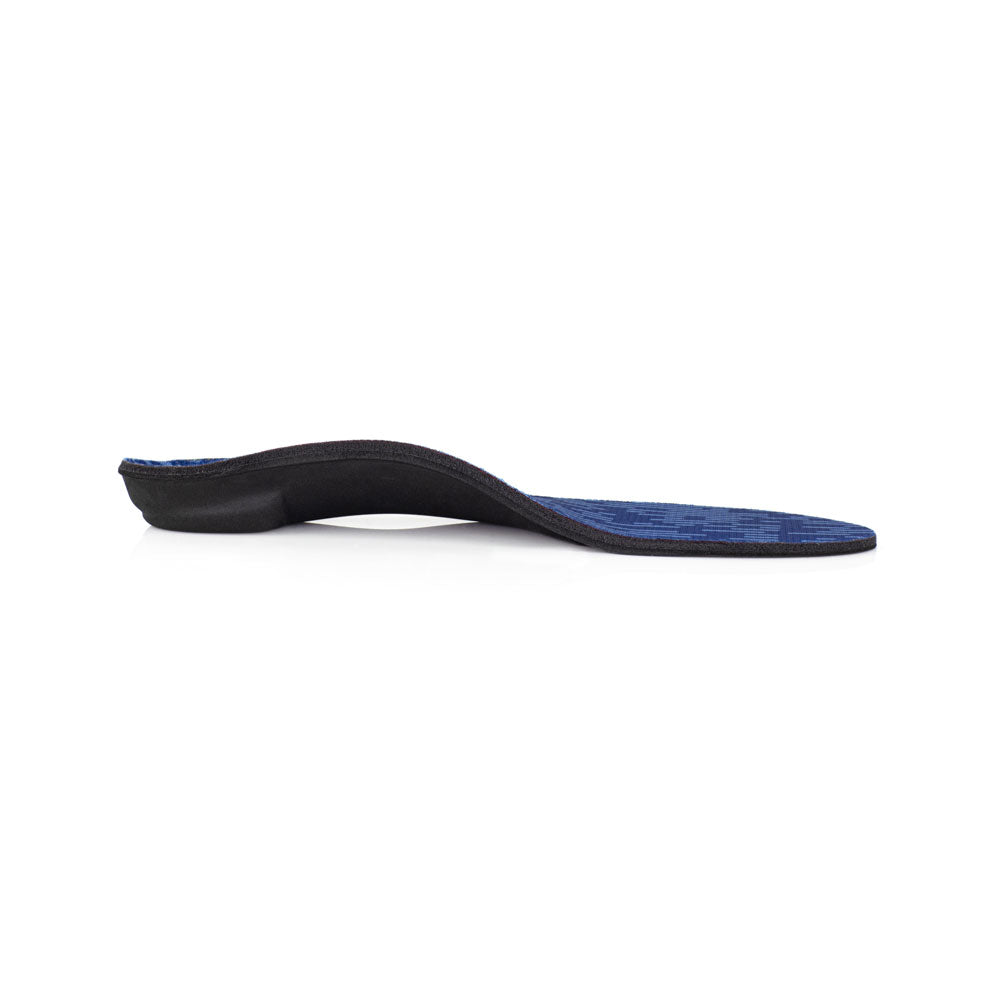 Profile view of Pinnacle Maxx Support arch supporting shoe insoles with firm arch support for overpronation, arch support for plantar fasciitis, posted heel helps prevent feet from rolling inward, designed for walking and running shoes, shoe inserts to help relieve pain from plantar fasciitis, orthotic shoe insoles with neutral arch support, insoles for people with flat feet