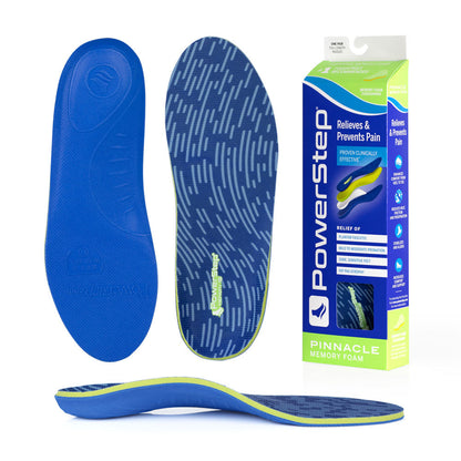 Bottom view of shoe inserts for Pinnacle Memory Foam Neutral Arch Support Orthotic Shoe Insoles with blue EVA base, top view of shoe insoles with blue polyester top fabric, image of Pinnacle Memory Foam Neutral Arch Support Insoles packaging, profile view of Pinnacle Memory Neutral Arch Support Orthotic Insoles with semi-rigid neutral arch support, relief of ball of foot pain, plantar fasciitis, pronation, foot, arch and heel pain, sore aching feet, standard arch support for pronation