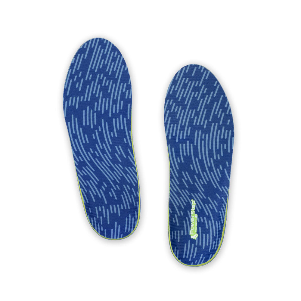 Top view of Pinnacle Memory Foam Neutral Arch Support Shoe insoles with blue polyester top fabric, men's shoes, women's shoes, walking shoe insoles with memory foam, these shoes inserts help relieve and prevent pain from conditions caused by foot malalignment, relief from mild overpronation, ball of foot and metatarsalgia pain relief, relief from plantar fasciitis pain, relief from pronation, orthotic shoe inserts, arch supporting orthotic insoles, plantar fasciitis orthotics