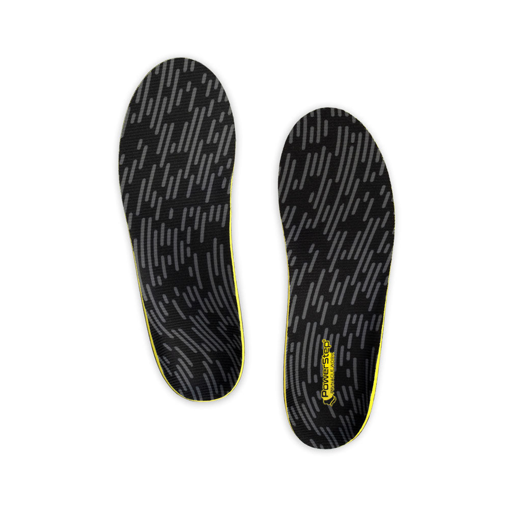 Top view of Pinnacle Work Neutral Arch Support Shoe insoles with black polyester top fabric, walking shoe insoles, work insoles, orthotics for working, men's shoes, women's shoes, these shoes inserts help relieve and prevent pain from conditions caused by foot malalignment, relief from mild overpronation, relief from plantar fasciitis pain, relief from pronation, orthotic shoe inserts, arch supporting orthotic insoles, plantar fasciitis orthotics