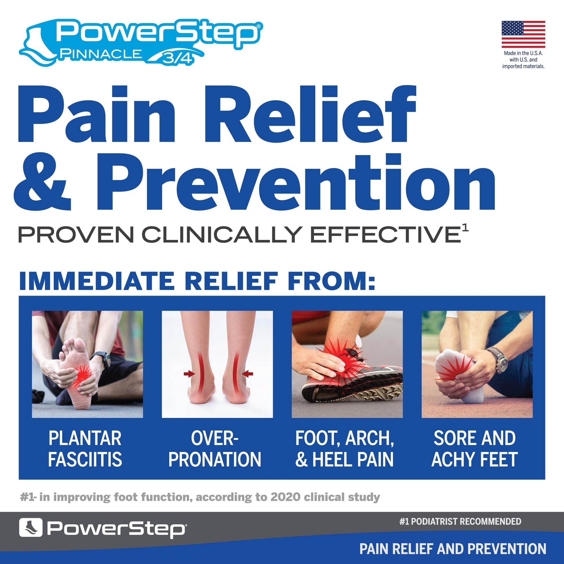 PowerStep Pinnacle 3/4 Neutral Orthotic Shoe Insoles, Made in the USA with US and imported materials, pain relief and prevention, proven clinically effective for immediate relief from plantar fasciitis, overpronation, foot, arch, and heel pain, sore, achy feet, number one in improving foot function according to 2020 clinical study, number one podiatrist recommended shoe orthotic for arch support, unisex orthotic arch support 3/4 insoles for tight fitting shoes