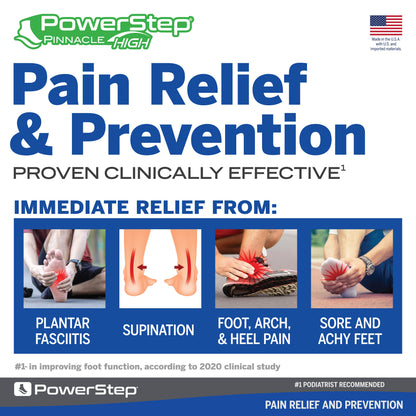PowerStep Pinnacle High Orthotic Shoe Insoles, Made in the USA with US and imported materials, pain relief and prevention, proven clinically effective for immediate relief from plantar fasciitis, under-pronation and supination, foot, arch, and heel pain, sore, achy feet, number one in improving foot function according to 2020 clinical study, number one podiatrist recommended shoe orthotic for arch support, women’s shoe inserts, men’s orthotic shoe insoles, unisex orthotic arch support insoles