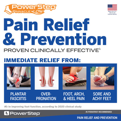 PowerStep Pinnacle Low Orthotic Shoe Insoles, Made in the USA with US and imported materials, pain relief and prevention, proven clinically effective for immediate relief from plantar fasciitis, overpronation, foot, arch, and heel pain, sore, achy feet, women’s shoe inserts, men’s orthotic shoe insoles, unisex orthotic arch support insoles for flat feet, orthotic inserts for low arches