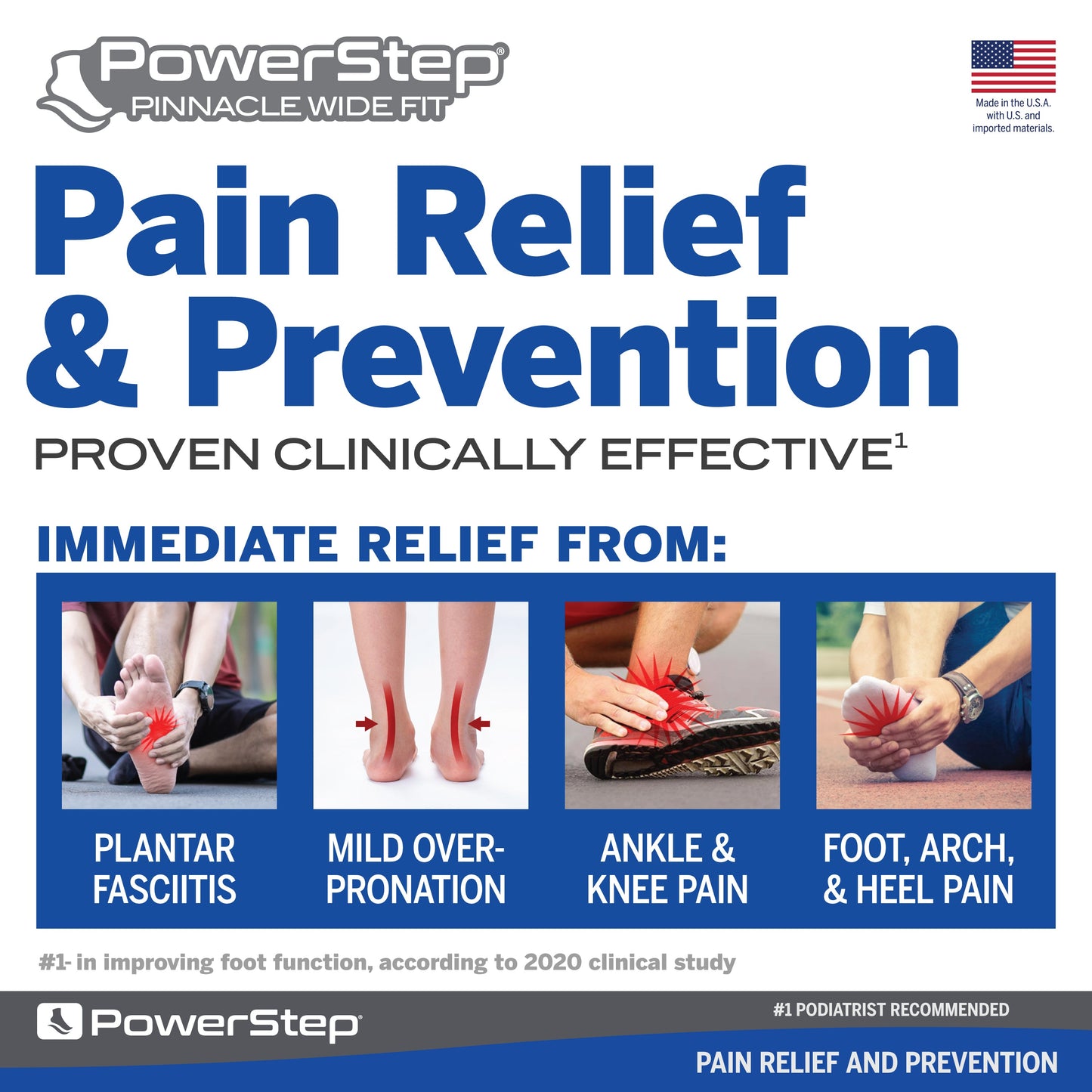 PowerStep Pinnacle Wide Fit Orthotic Shoe Insoles, Made in the USA with US and imported materials, pain relief and prevention, proven clinically effective for immediate relief from plantar fasciitis, mild overpronation, ankle and knee pain, foot, arch and heel pain, number one in improving foot function according to 2020 clinical study, number one podiatrist recommended shoe orthotic for arch support, women’s shoe inserts, men’s orthotic shoe insoles, unisex orthotic arch support insoles