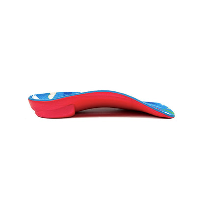 Profile view of Pinnacle Junior Neutral arch supporting shoe insoles in 3/4 length with arch support and posted heel for overpronation, arch support for plantar fasciitis, designed for childrens shoes, shoe inserts to help relieve pain from plantar fasciitis, orthotic shoe insoles with arch support for children with flat feet