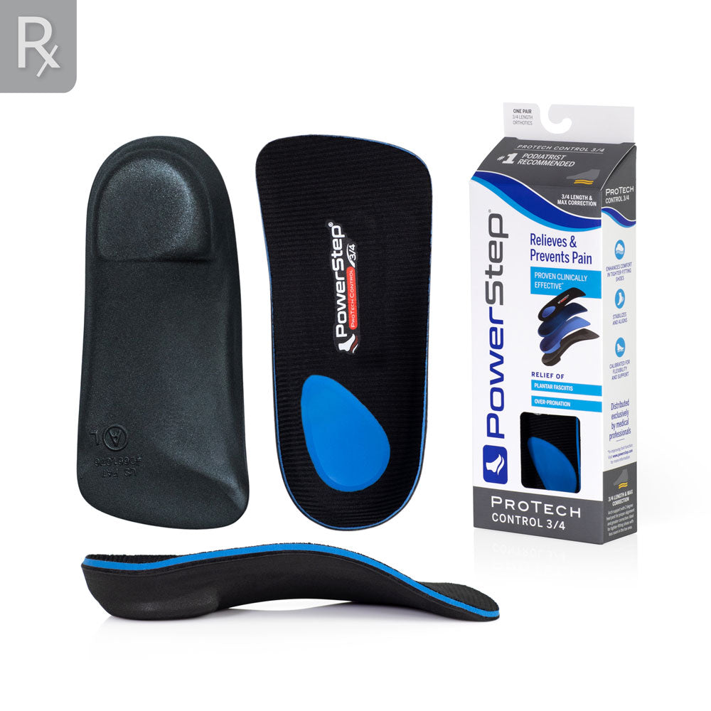 ProTech Control 3/4 Inserts top and bottom view, ProTech Control 3/4 insoles carton, profile view of ProTech Control 3/4 orthotics