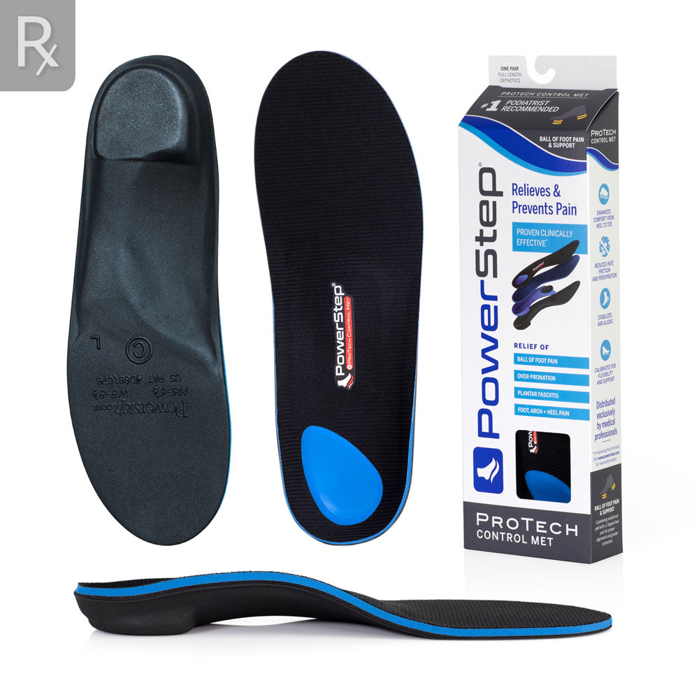 Top and bottom view of ProTech Control Met orthotic insoles, view of ProTech Control Met carton, profile view of ProTech Control Met