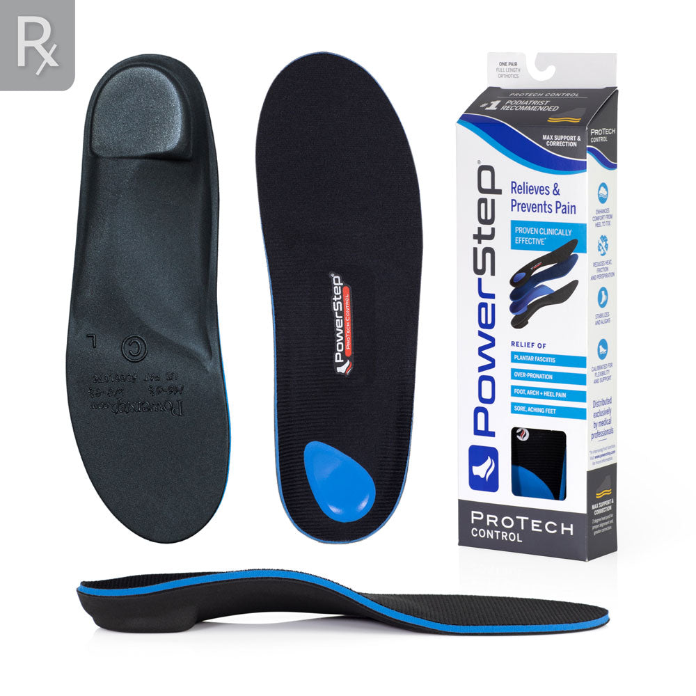 Top and bottom view of Protech Control Neutral Arch supporting insoles, profile view of insole, view of carton