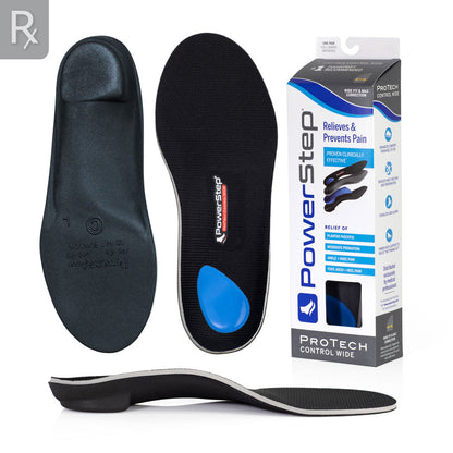 Top and bottom view of ProTech Control Wide Neutral arch supporting orthotic insoles, view of ProTech Control Wide carton, profile view of ProTech Control Wide