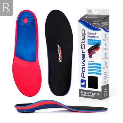 Top, bottom, and profile view of ProTech CustomPost insoles, view of CustomPost carton