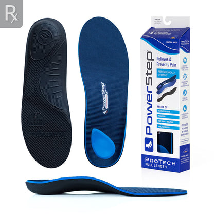 Top, bottom, and profile view of ProTech Neutral Full Length shoe insoles, ProTech Full Length carton