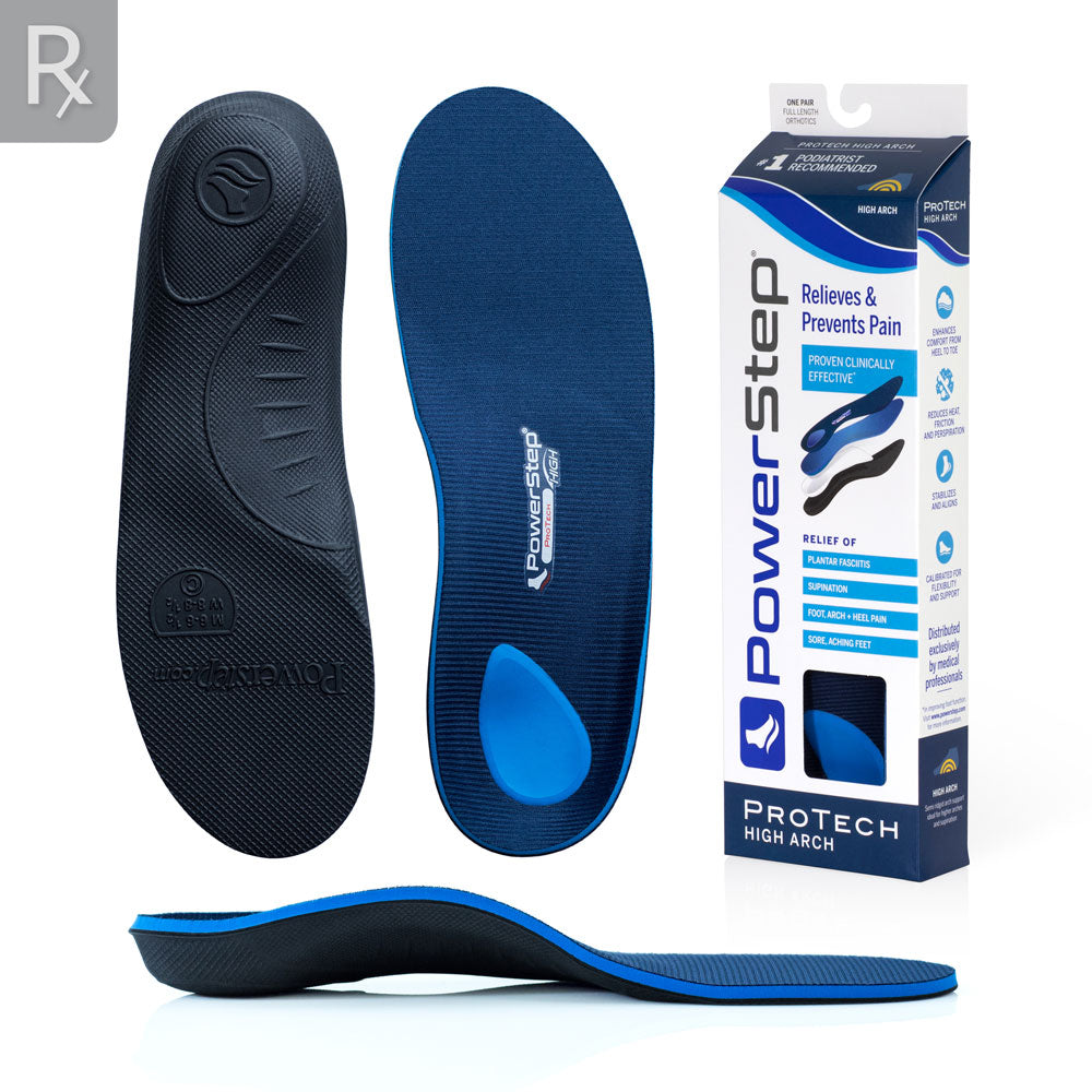 Top, bottom, and profile view of ProTech High Arch Support insoles, view of ProTech High Arch carton