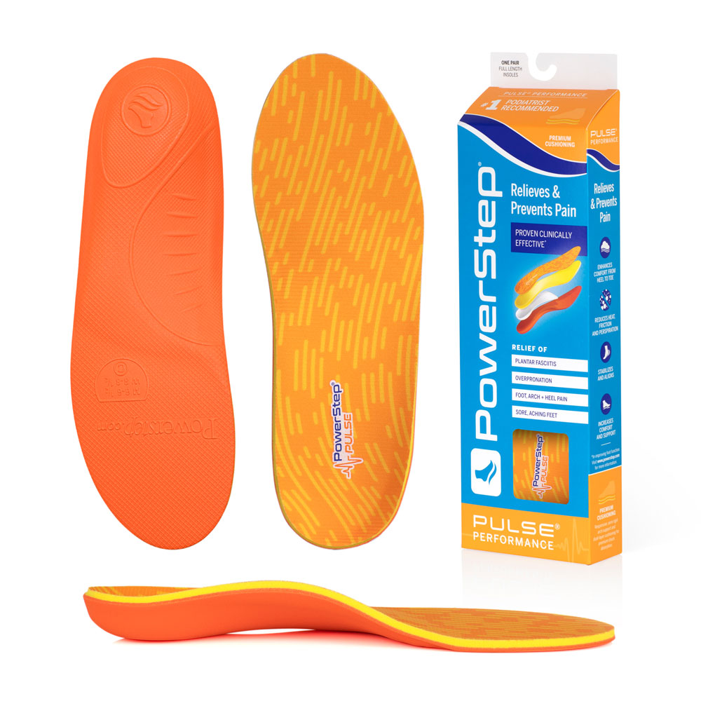 Bottom view of shoe inserts for PULSE Performance Neutral Arch Support Orthotic Running Shoe Insoles with orange EVA base, top view of shoe insoles with orange and yellow polyester top fabric, image of PULSE Performance Neutral Arch Support Insoles packaging, profile view of PULSE Performance Neutral Arch Support Orthotic Insoles with semi-rigid neutral arch support, relief of plantar fasciitis, pronation, foot, arch and heel pain, sore aching feet, standard arch support for pronation